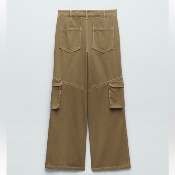 Zara Denim High Waist Full Length Wide Leg Dark Khaki Cargo Blogger Favorite - Picture 9 of 11